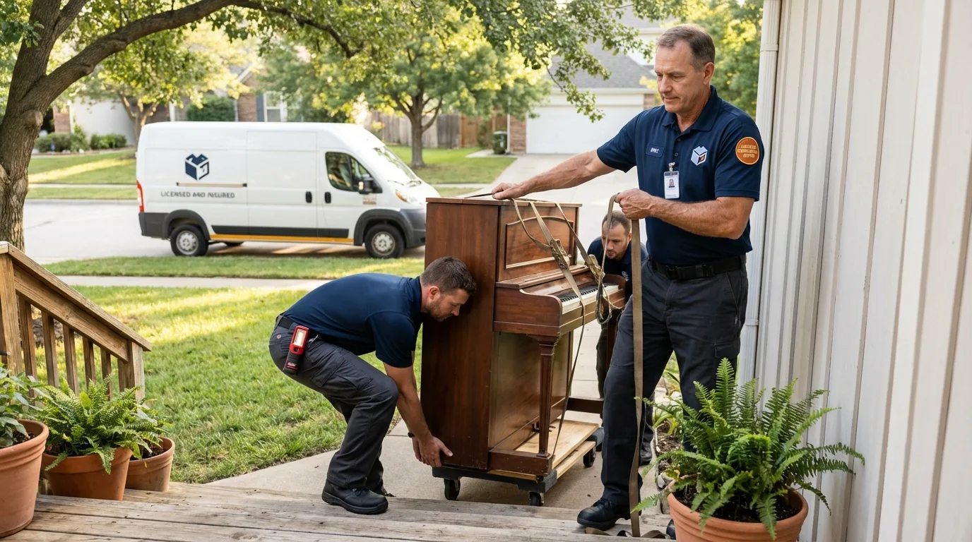 Licensed piano movers securing grand piano in Hallock, MN