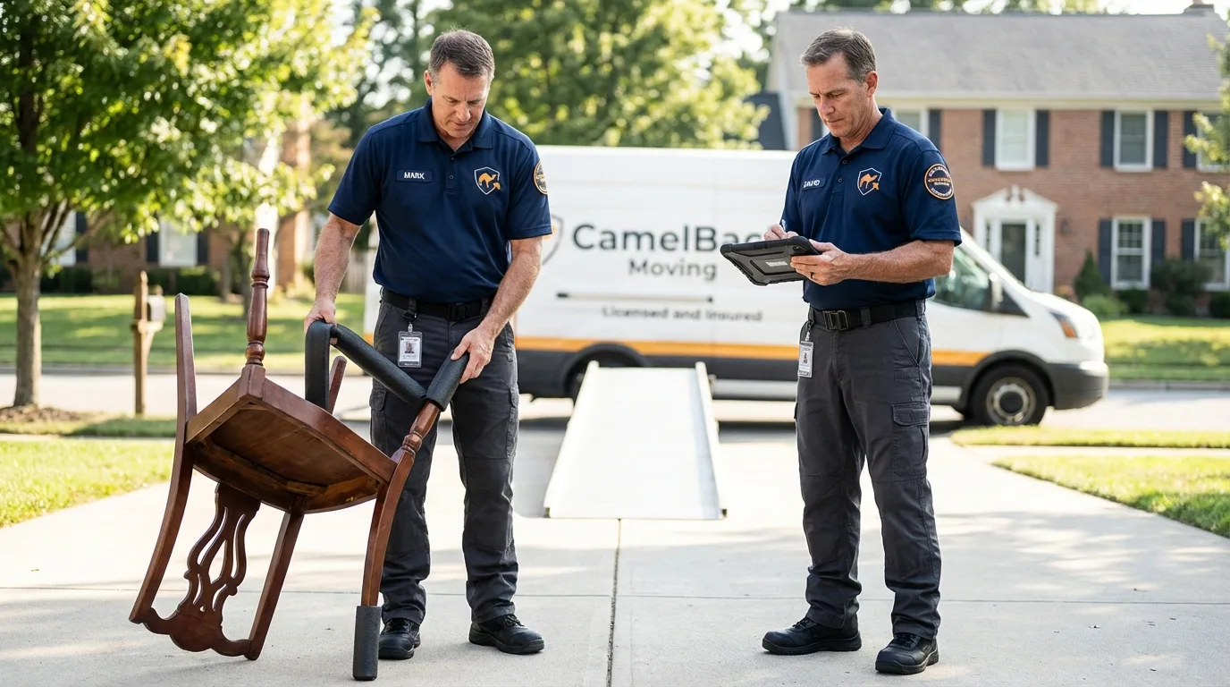 Movers inspecting furniture for damage prevention before loading in Hallock, MN