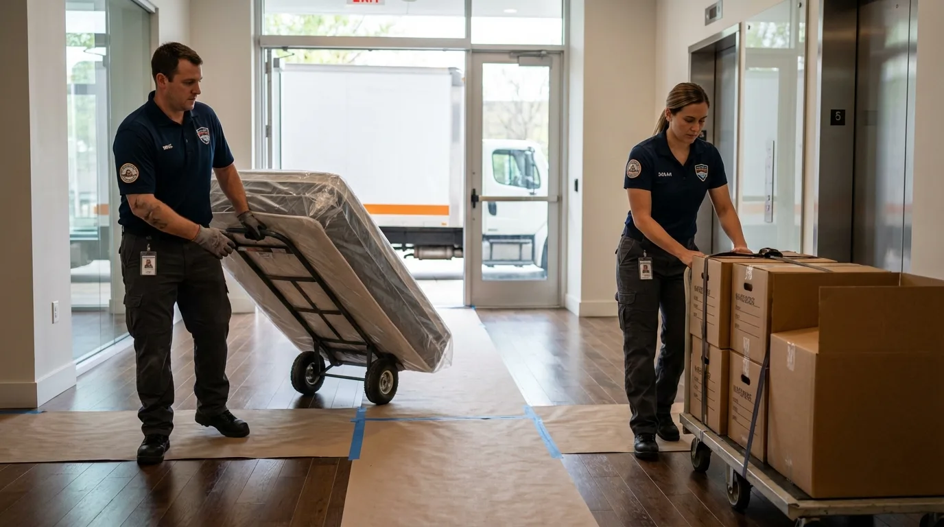 Professional apartment movers loading elevator in Hallock, MN